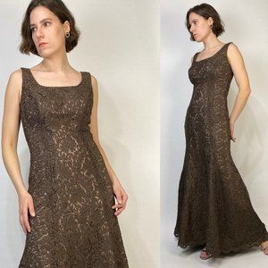 Vintage 1990s ELEGANT Brown LACE Maxi GOWN with Mermaid Cut! Medium